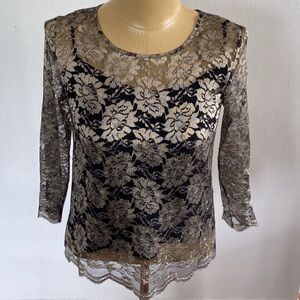 TALBOTS Women’s Black  Gold Gilded Sheer Lace Overlay Cami Top P16 (MSRP $119)